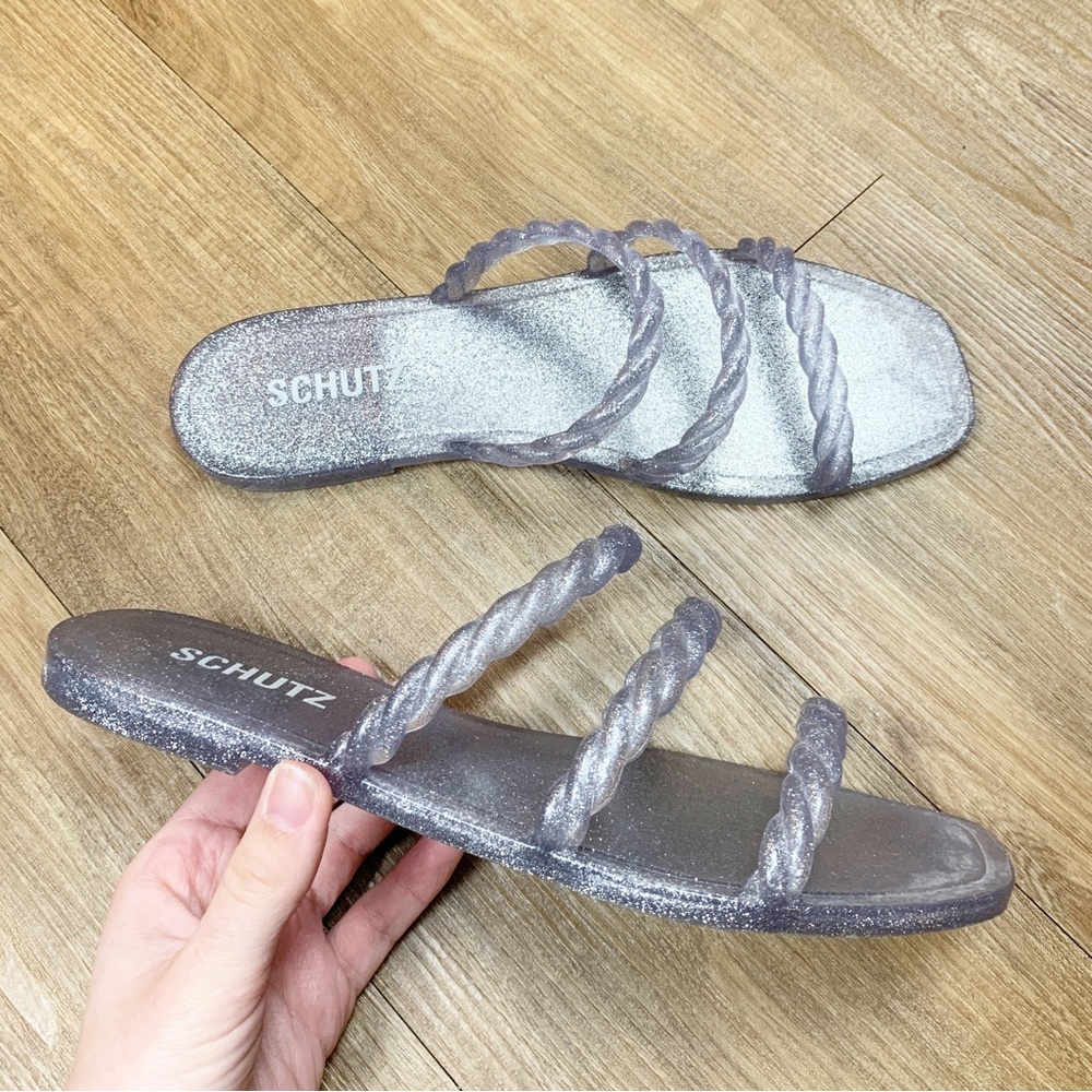 Schutz Silver Grey Glitter Jelly Sandals Women's Size 37/38